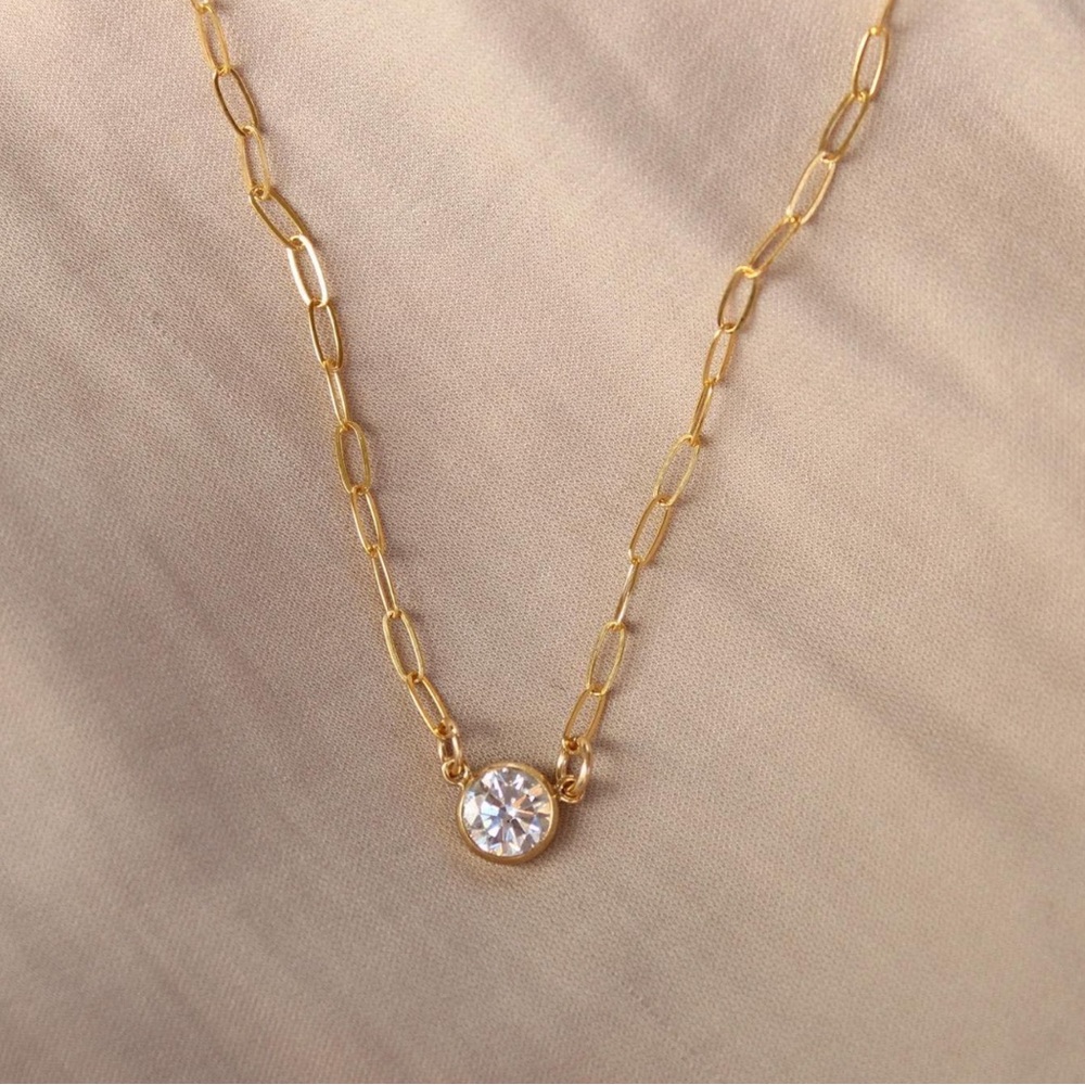 14K Gold Filled 7mm CZ Bezel Solitaire Necklace Dainty Paper Clip Chain